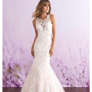 Allure Bridals Lace Illusion Mermaid Wedding Dress in Ivory